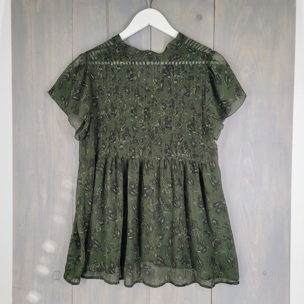 Jacob Paisley Sheer Babydoll Blouse Women Medium Green Short Sleeve Pleated - Picture 3 of 8